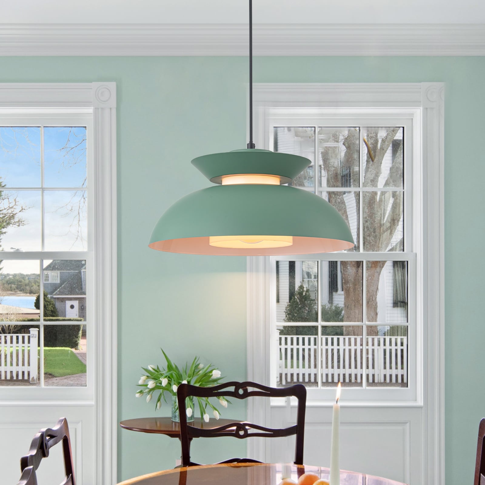 Modern 1-Light Green Dome Pendant Light with Decorative Wood Accent