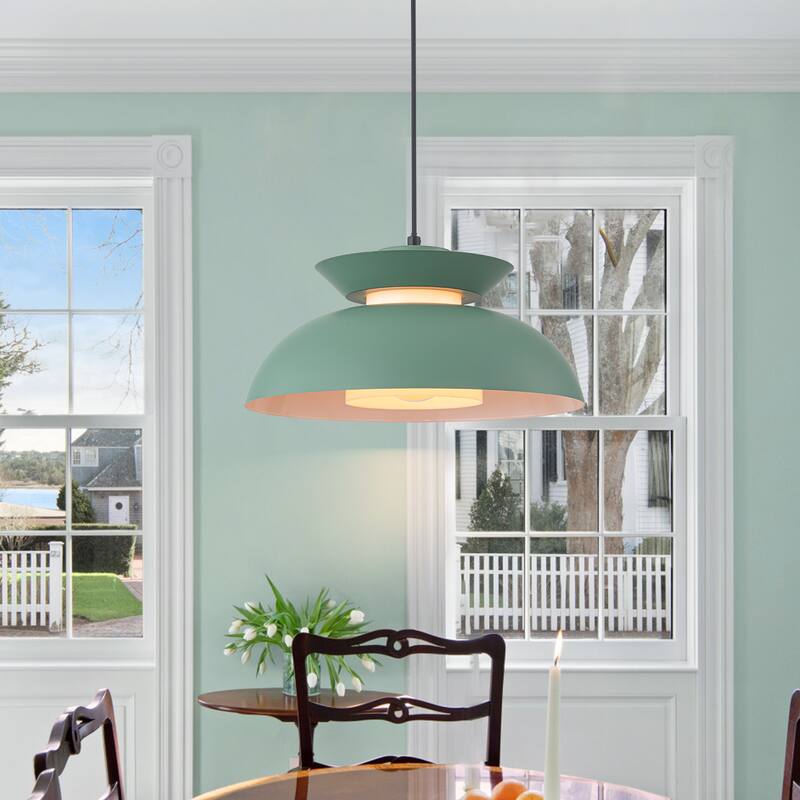 Modern 1-Light Green Dome Pendant Light with Decorative Wood Accent