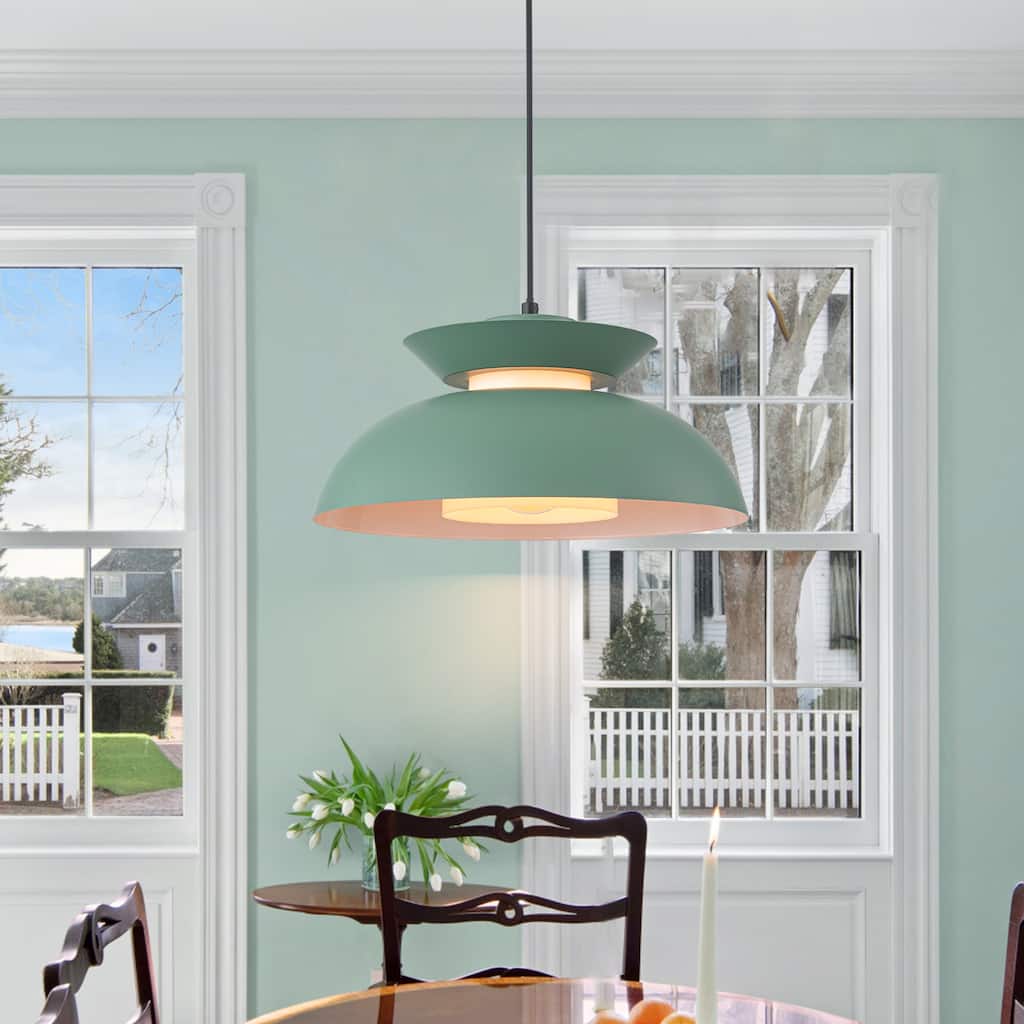 Modern 1-Light Green Dome Pendant Light with Decorative Wood Accent