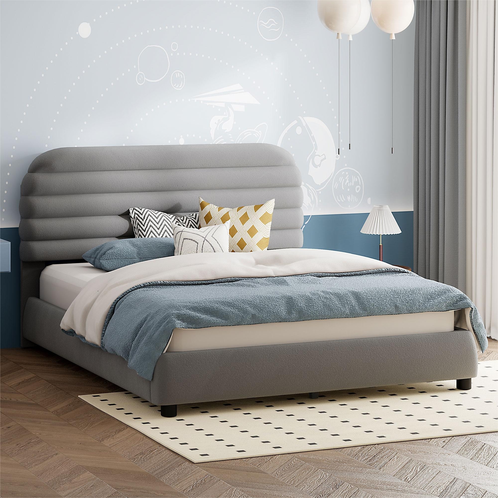 Queen Size Velvet Upholstered Platform Bed with Solid Frame