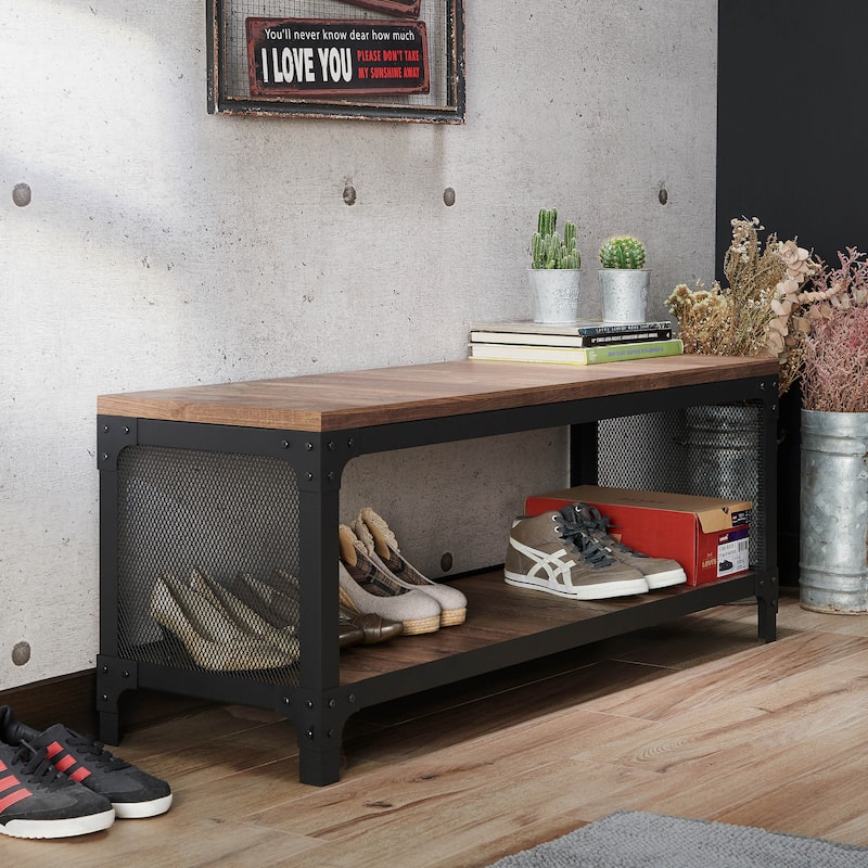 Maua Rustic Reclaimed Oak Metal Storage Entryway Bench by Furniture of America - Reclaimed Oak