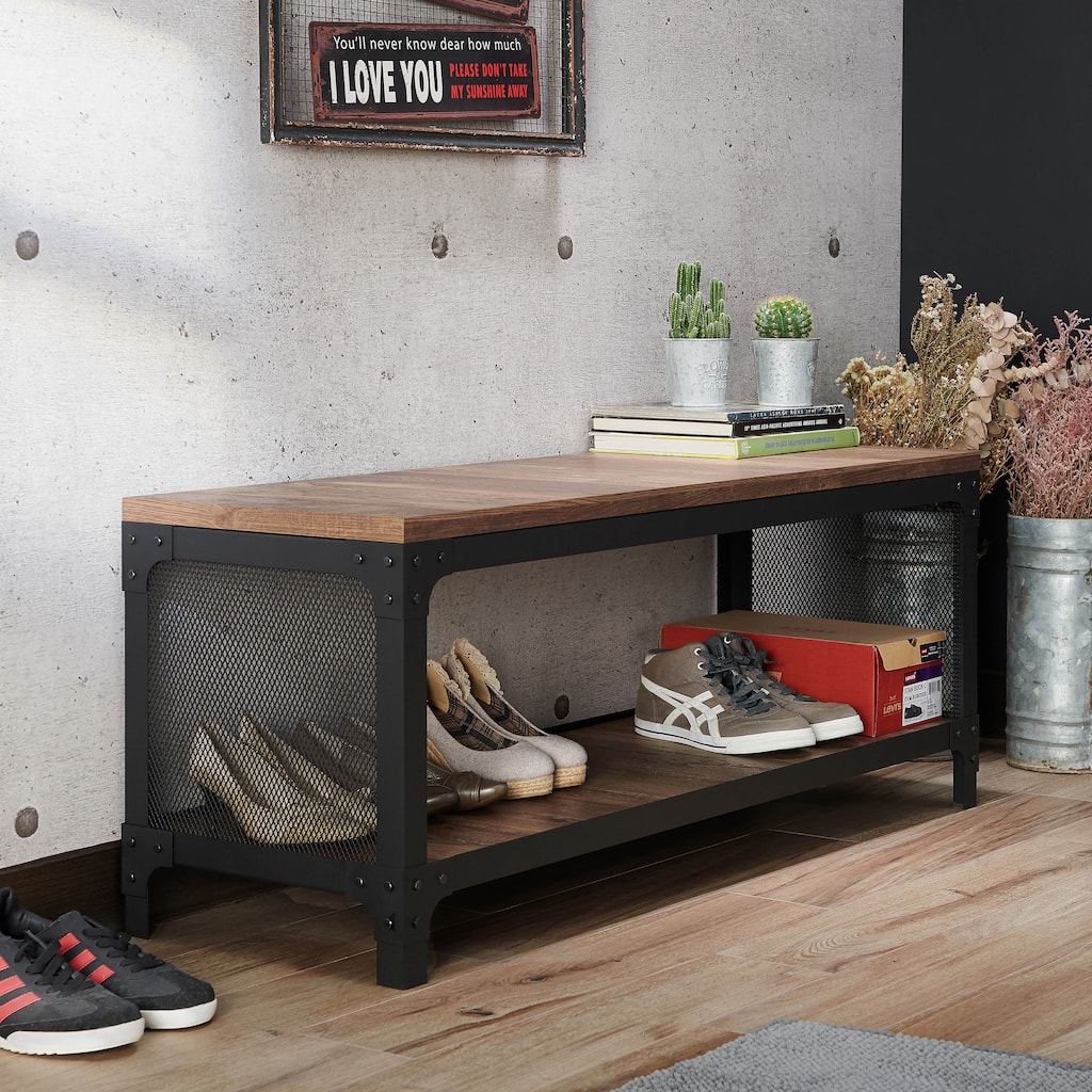 Maua Rustic Reclaimed Oak Metal Storage Entryway Bench by Furniture of America