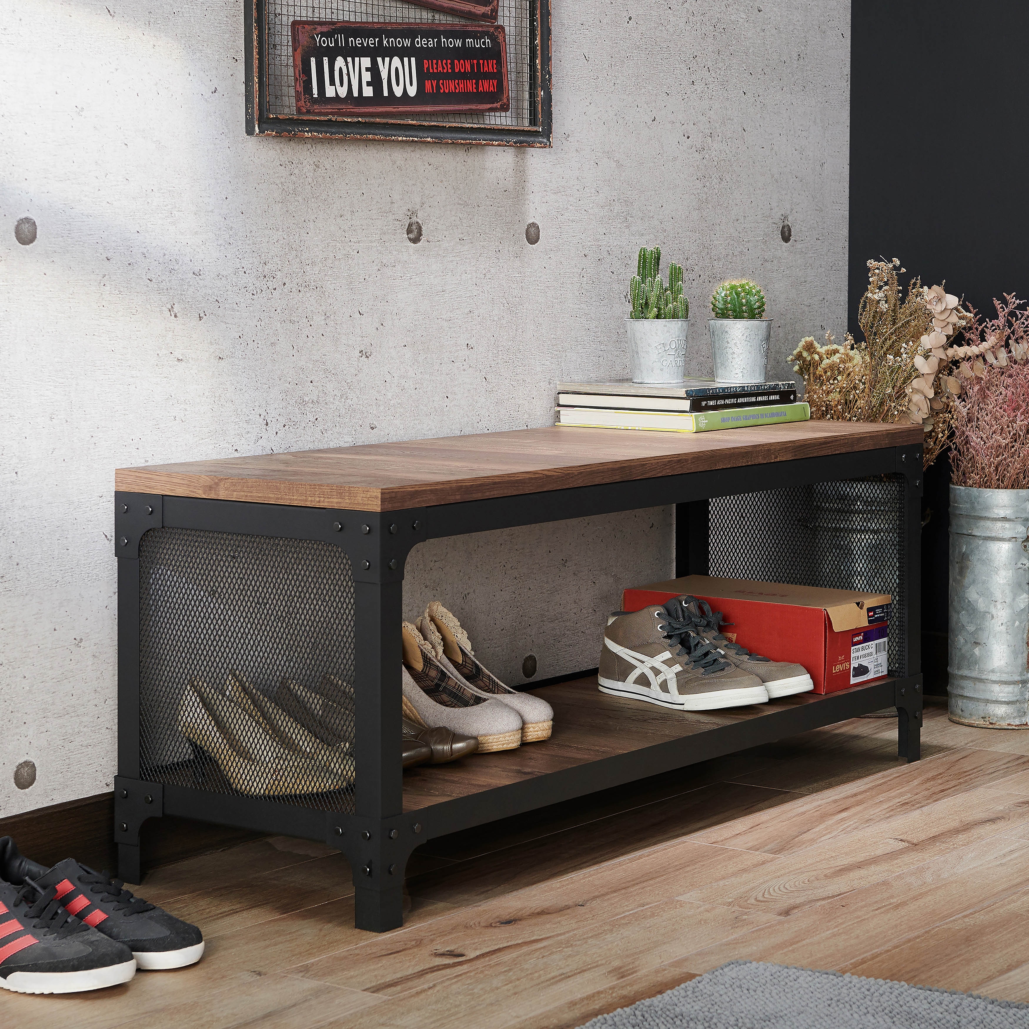 Furniture of America Maua Rustic Reclaimed Oak Metal Storage Entryway Bench