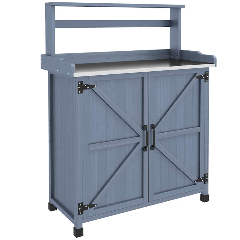Outsunny Potting Bench, Outdoor Wooden Potting Table with Storage Cabinet, Storage Shelf, Garden Work Bench