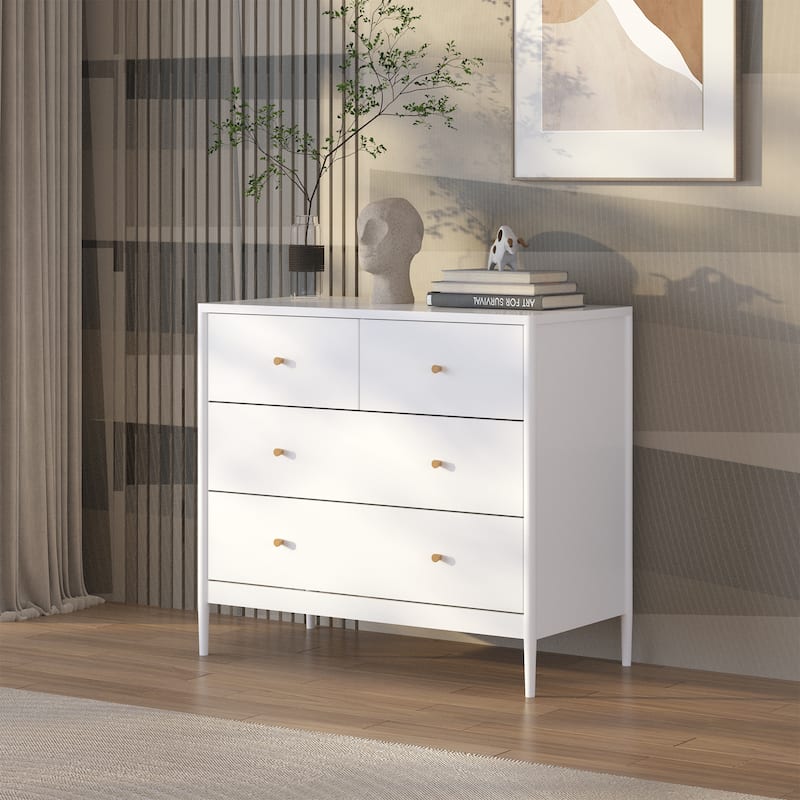 Anmytek White 4 Drawer Dresser Minimalist Storage Chest with Wood Knobs