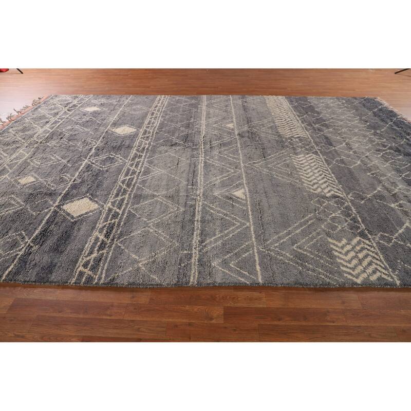 Grey Trellis Moroccan Style Large Rug Hand-Knotted Wool Carpet - 9'11" x 14'7"