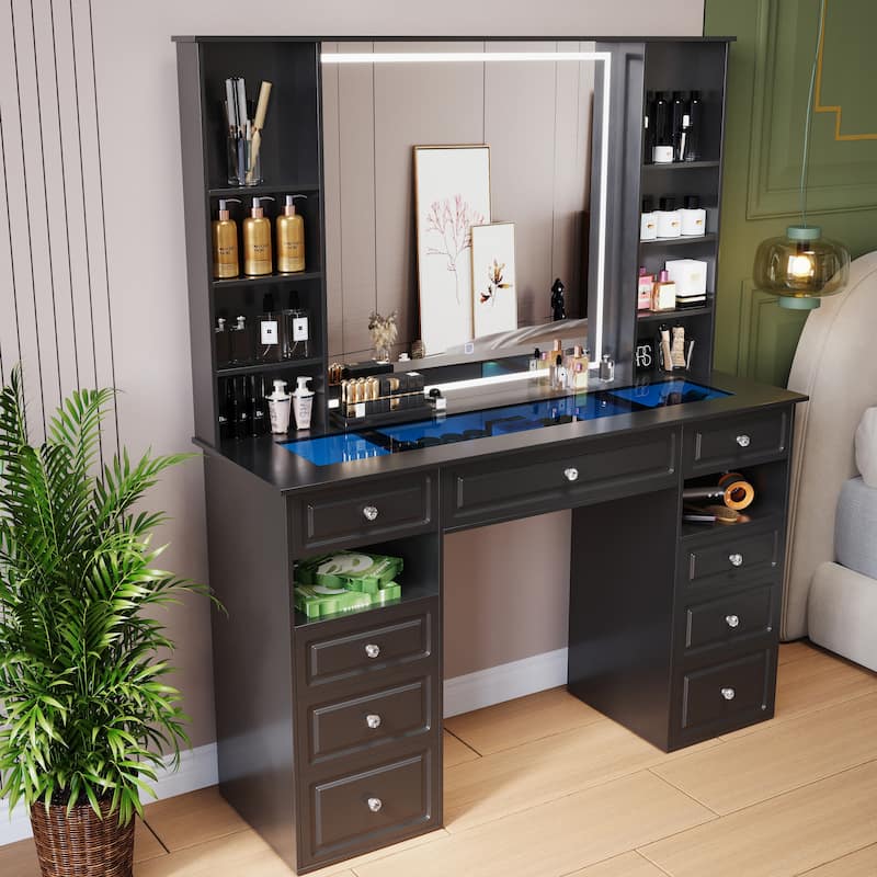 Modern Vanity Set with Lighted Mirror,Extra Large Mirror Makeup Vanity Table with 9 Drawers,European Style Vanity