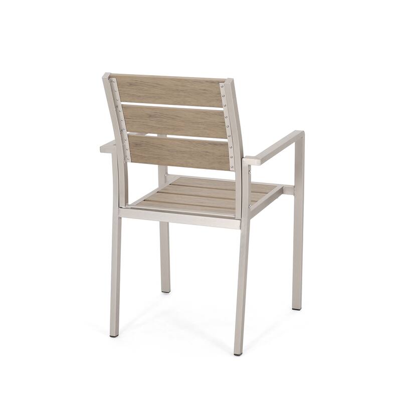 Remo Dining Chair Set of 2, Outdoor Brown Faux Wood Seat, Silver Metal