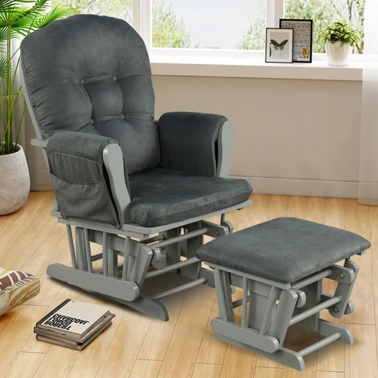 Solid Wood Gliding Chair Set with Storage Pockets and Ottoman for Relaxing - 29.5" x 28.5" x 39.5" (L x W x H)