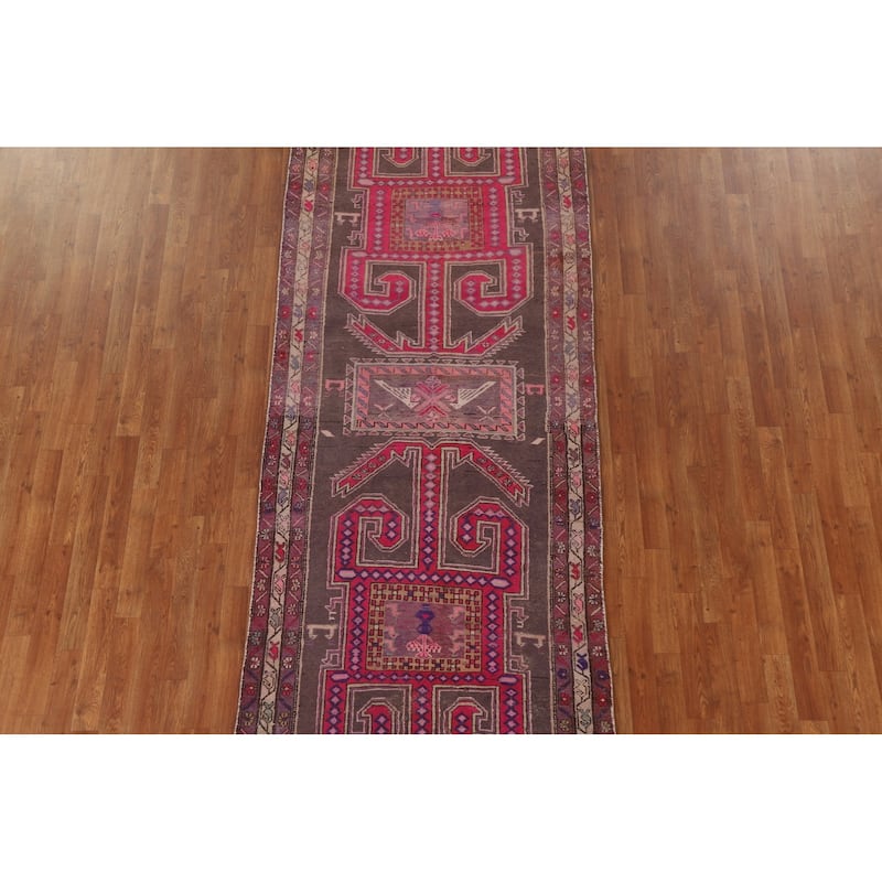 Hand-knotted Tribal Meshkin Persian Runner Rug Geometric Wool Carpet - 3'10" x 10'3"