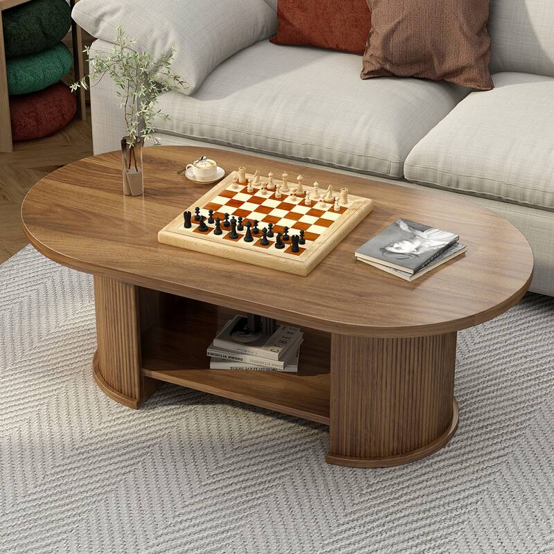 47" Oval Fluted Coffee Table with Storage Shelf, Farmhouse Mid-Century Dual Base Center Table - Brown