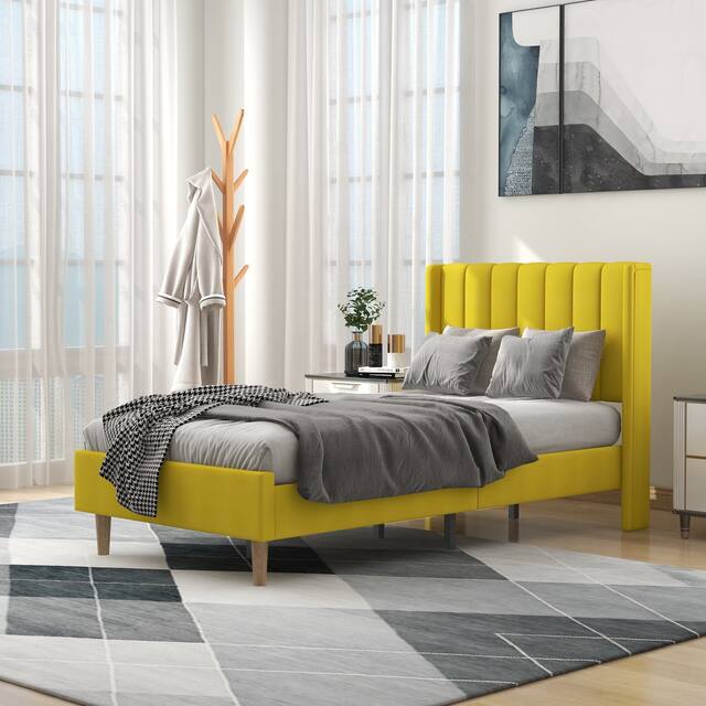 Alazyhome Upholstered Platform Bed Frame - Yellow - Twin