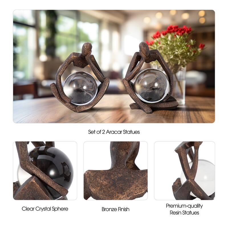 Sagebrook Home 8" Aracar Bronze Statuary With Cyrstal Sphere, Set of 2 - 7" x 6" x 8"