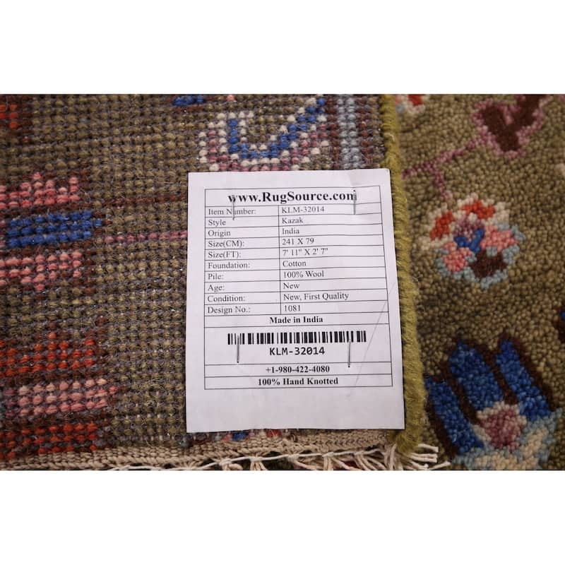 All-Over Green Kazak Oriental Runner Rug Hand-Knotted Wool Carpet - 2'7"x 7'11"