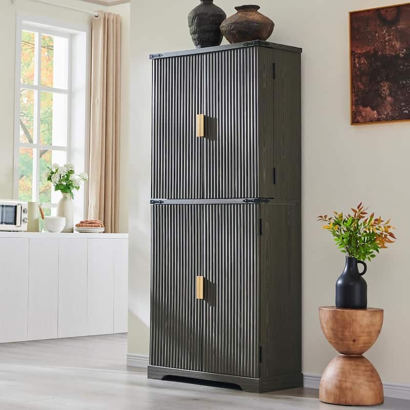 72" Tall Modern Fluted Pantry Cabinet, Storage Cabinet with 4 Doors - Army Green