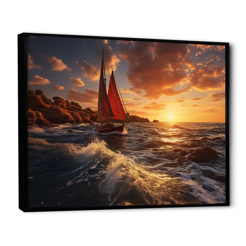 Designart "Spain Sunset Sail I" Nautical & Beach Framed Wall Art Prints