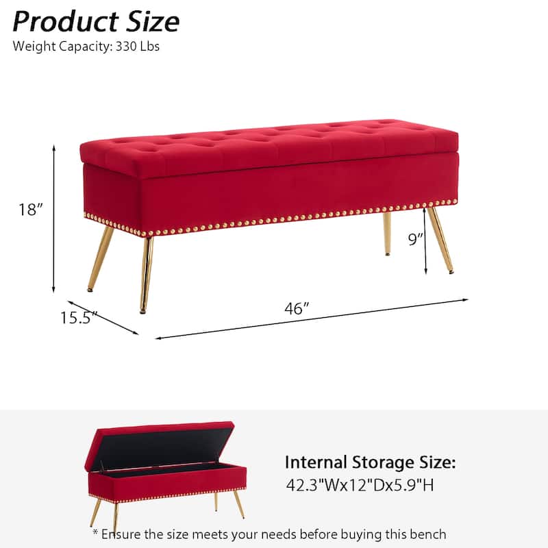 Velvet Storage Ottoman Bench with gold legs and Nailhead Trim for Bedroom/End of Bed/Entryway/Window