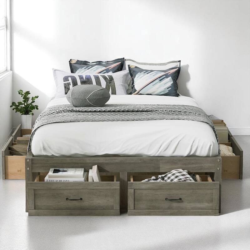 Full/Queen Platform Bed with 6 Storage Drawers, Modern Wood Frame with Slats, No Box Spring Needed - Grey - Full