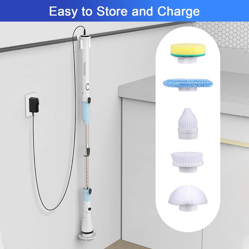 Cordless Cleaning Brush with 5 Replaceable Heads Adjustable Telescopic Handle - Off White+Blue - 27 to 47 inches