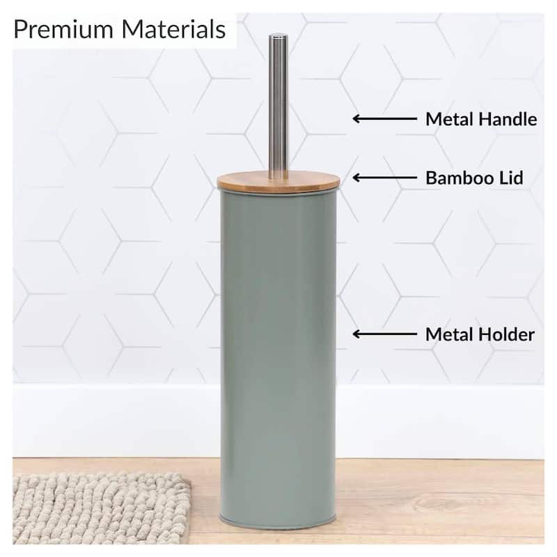 Metal Toilet Brush and Holder Set With Bamboo Lid