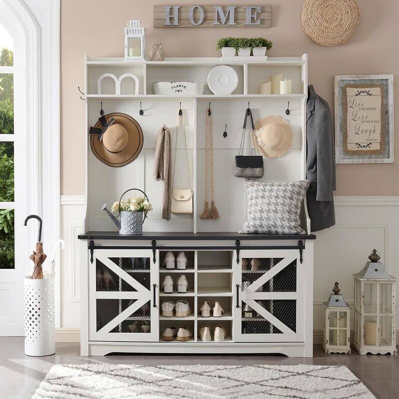 Farmhouse Entryway Bench with Coat Rack, with Shoe Storage Bench
