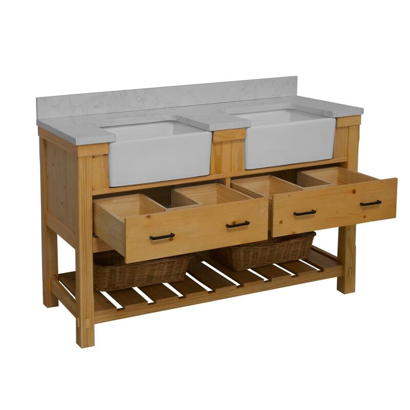KitchenBathCollection Charlotte 60" Double Farmhouse Bathroom Vanity with Engineered Carrara Top