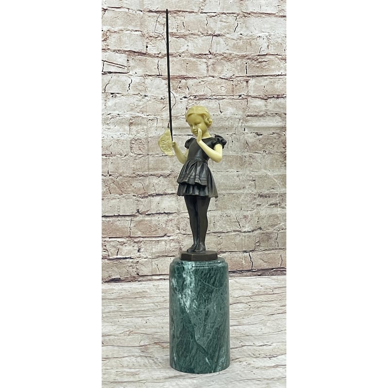 Young Girl Child Fishing Bronze Metal Statue Sculpture Figure On Marble Base