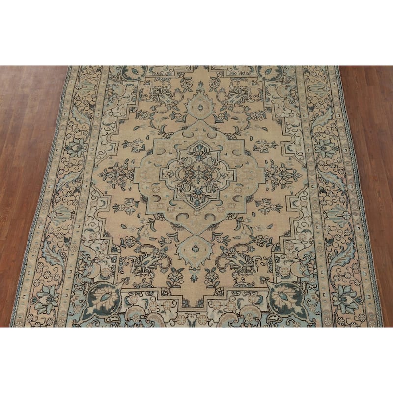 Peach Tabriz Vintage Persian Area Rug Hand-Knotted Wool Carpet - 6'8" x 9'8"