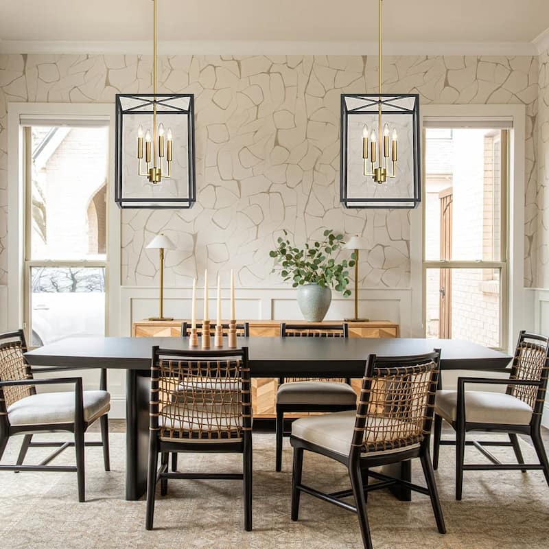 Black Brass 4-Light Metal Square Clear Glass Cage Chandelier