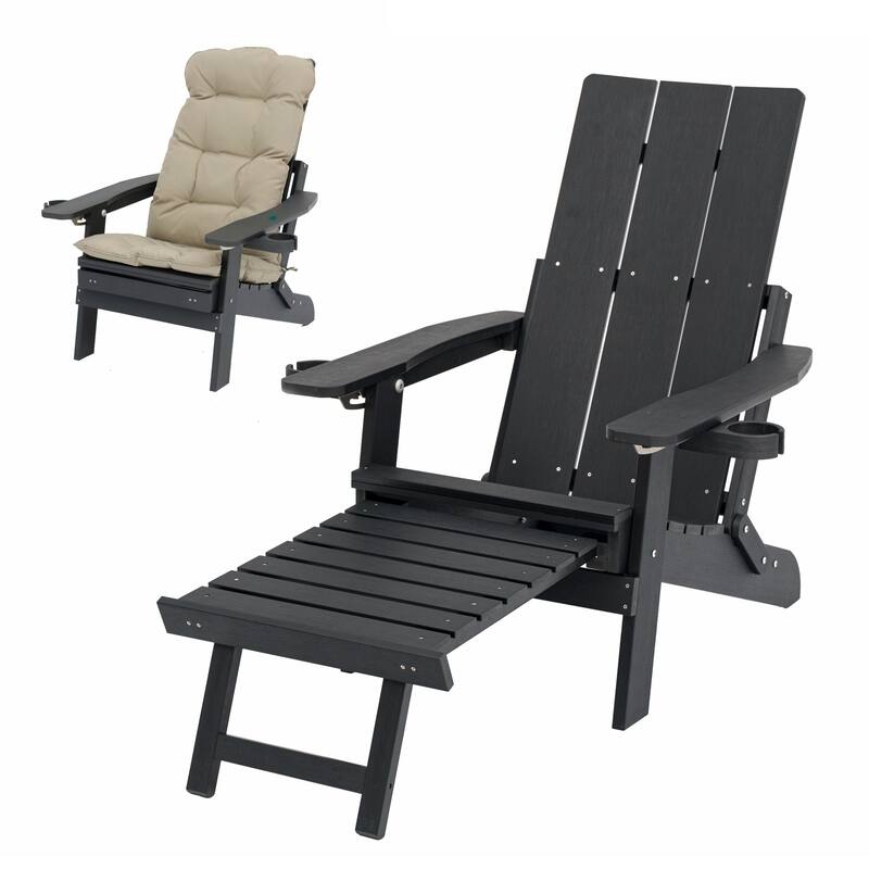 Fortune Candy Poly Lumber Folding Adirondack Chair with Cup Holders, Ottoman and Cushion, Adjustable Backrest, HIPS Material - Black
