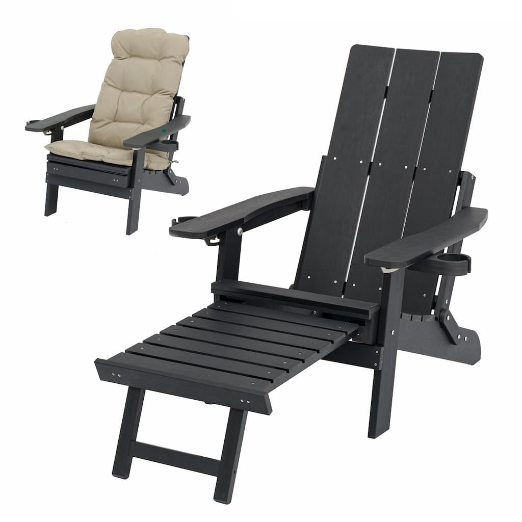 Fortune Candy Poly Lumber Folding Adirondack Chair with Cup Holders, Ottoman and Cushion, Adjustable Backrest, HIPS Material