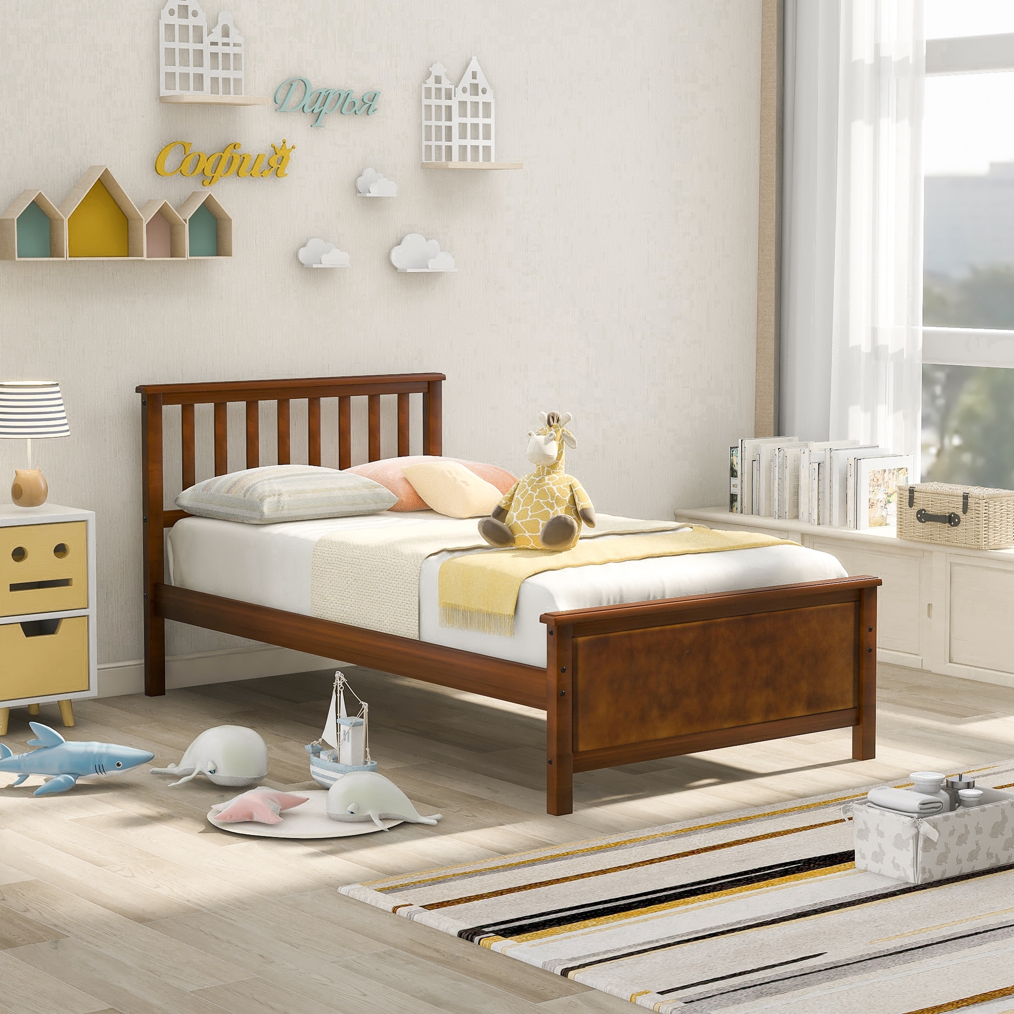 Twin Wood Platform Bed with Headboard and Wooden Slat Support - White