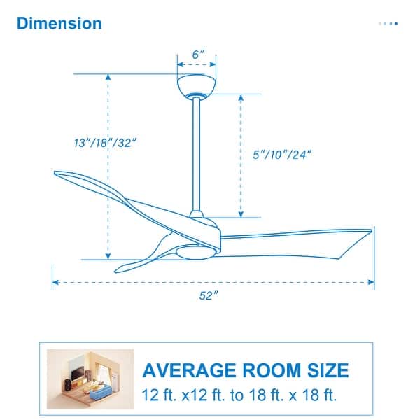 dimension image slide 5 of 13, Sofucor 48/52 Inch Solid Wood Ceiling Fan with Light Optional, 6-Speed Reversible DC Motor and Remote control,Smart Optional