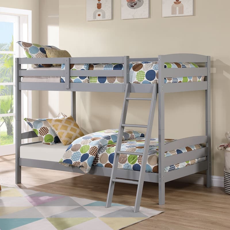 Furniture of America Diol Solid Wood Twin Over Twin Bunk Bed with Attached Ladder - Grey
