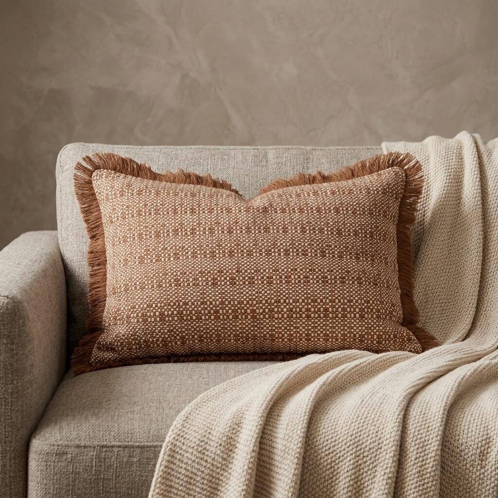 HomeRoots 14" X 20" Brown and White Cotton Lumbar Throw Pillow with Fringe