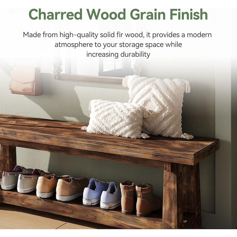 55" Solid Wood Entryway Bench with Shoe Storage, Charred Wood Grain