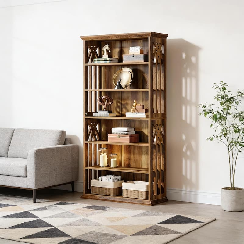 Rossetta 6-Tier Rustic Farmhouse Sophisticated Side Cutout Pattern Design Bookshelf with Ample Storage Space - Brown