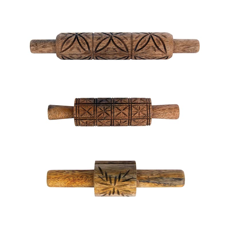 Various Hand-Carved Mango Wood Rolling Pins, Set of 3 - 10.0"L x 1.6"W x 1.6"H