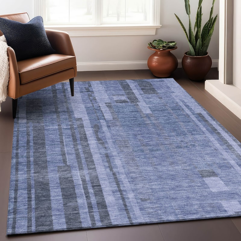 Machine Washable Indoor/ Outdoor Modern Stripes Chantille Rug - Denim - 5' x 7'6"