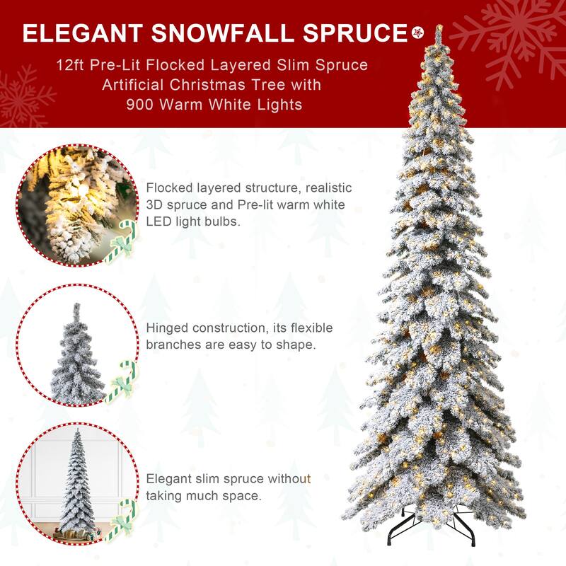 Glitzhome 12ft Pre-Lit Flocked Slim Spruce Artificial Christmas Tree with 900 Lights