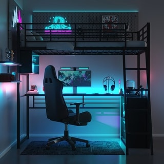 Modern Loft Bed with LED Design, Desk and 4 Storage Shelves, Space-Saving Metal Loft Bed Frame with Full-Length Guardrails