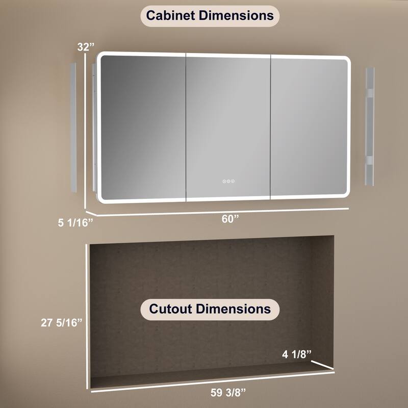 Rounded Edge LED Medicine Cabinet with Mirror, Dimmable, Anti-fog, Adjustable Shelves, Recessed or Wall Mount, ETL Certified