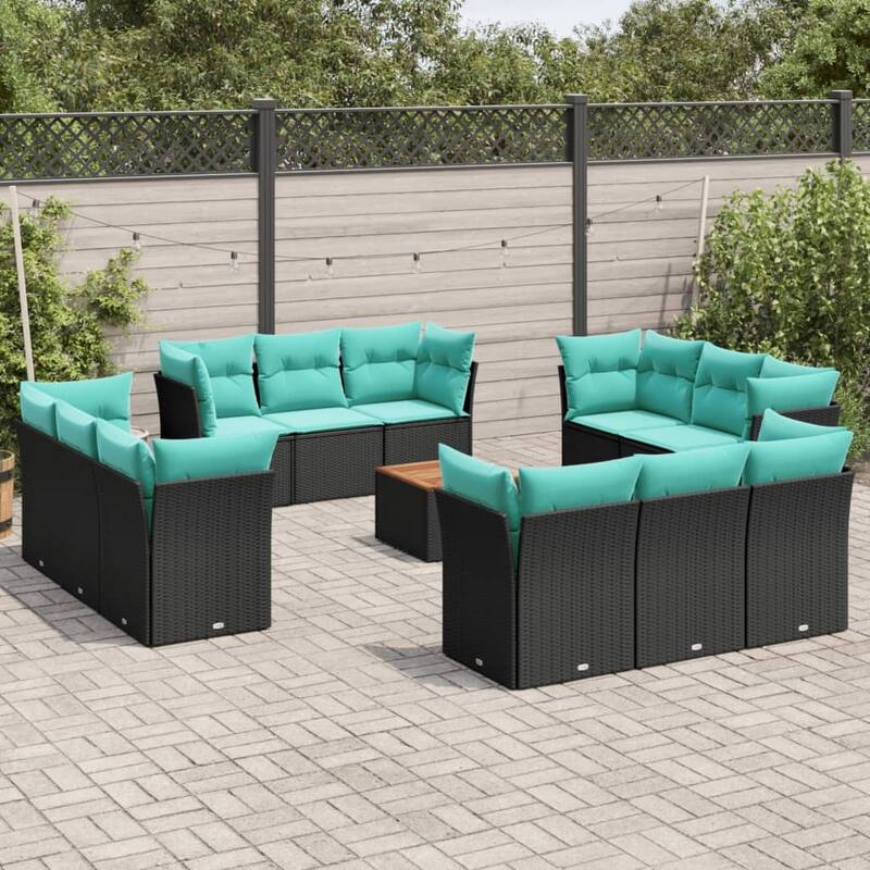 vidaXL 13 Piece Patio Sofa Set with Cushions Black Poly Rattan - 24.4 x 24.4 x 27.2