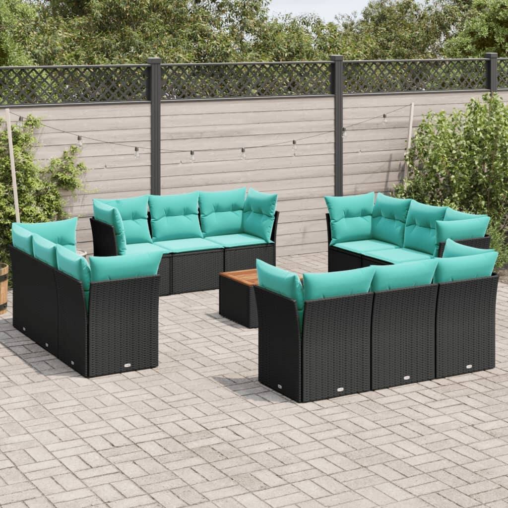 vidaXL 13 Piece Patio Sofa Set with Cushions Black Poly Rattan - 24.4 x 24.4 x 27.2