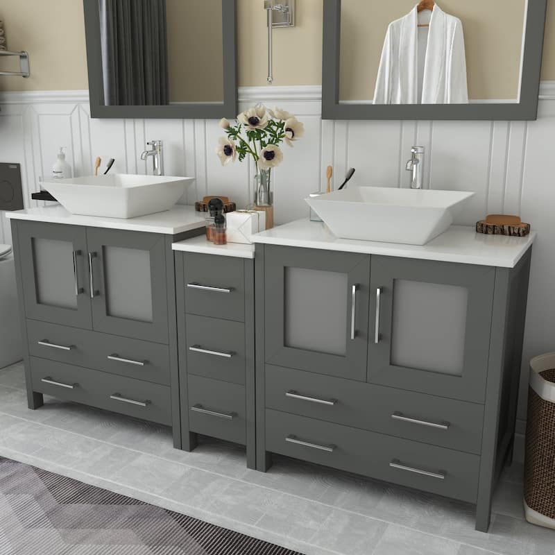 Vanity Art 72" Double Sink Bathroom Vanity Set with Engineered Marble Top Free Mirror - 72 x 18.5 x 36 Inches