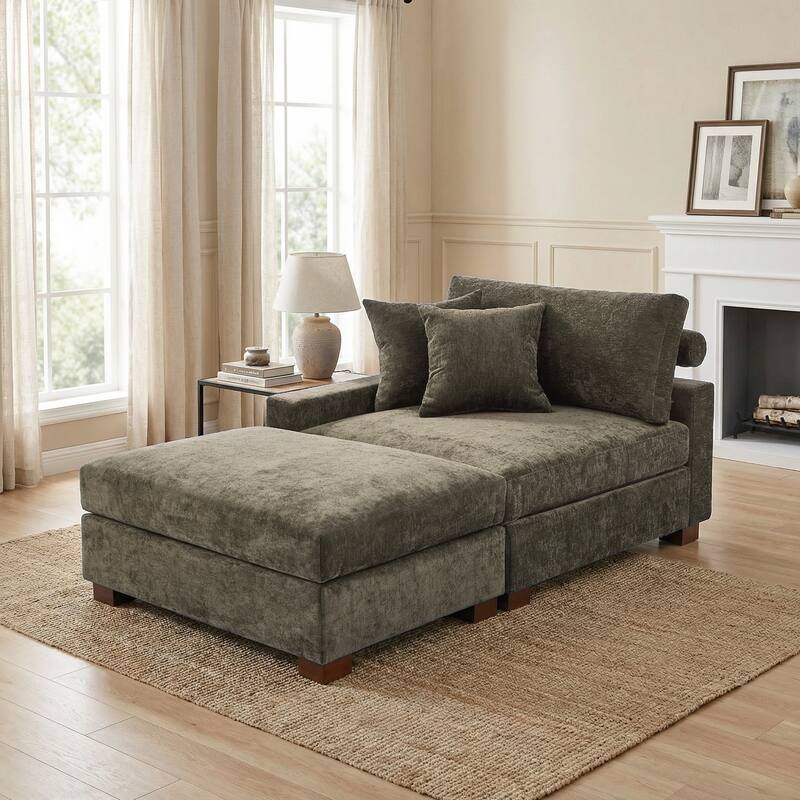 Plush Chenille Single Modular Sectional Sofa Chaise with Pillows