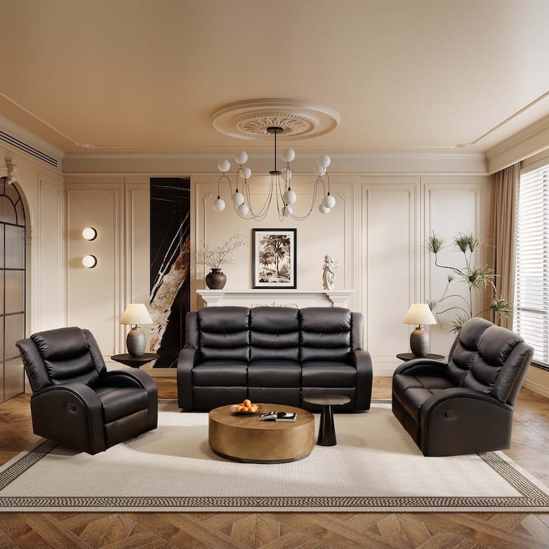 Black Faux Synthetic 3-Piece Couch Living Room Sofa Set