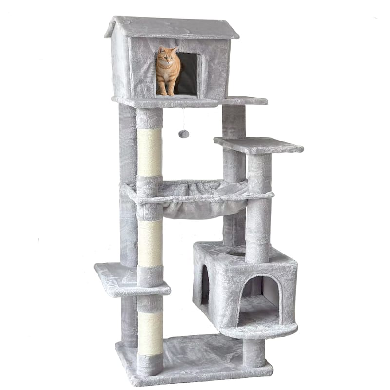 64 in Cat Tree with Unique Cat House, Hammock, Scratching Posts, Plush Cat Tower for Indoor Cats for Multiple Cats