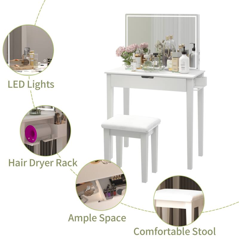 Classic White Makeup and Vanity Set with Stool, Drawers Makeup Mirror
