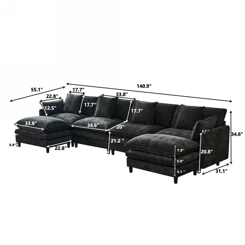 140.9" U-Shaped Modular Sectional Sofa with 2 Ottomans, Chenille Upholstery, Deep Seat Couch for Living Room